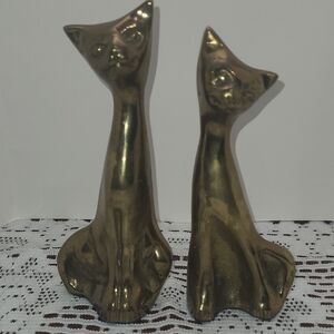 Vintage Solid Brass Pair of Siamese Cat Figurine Statues
